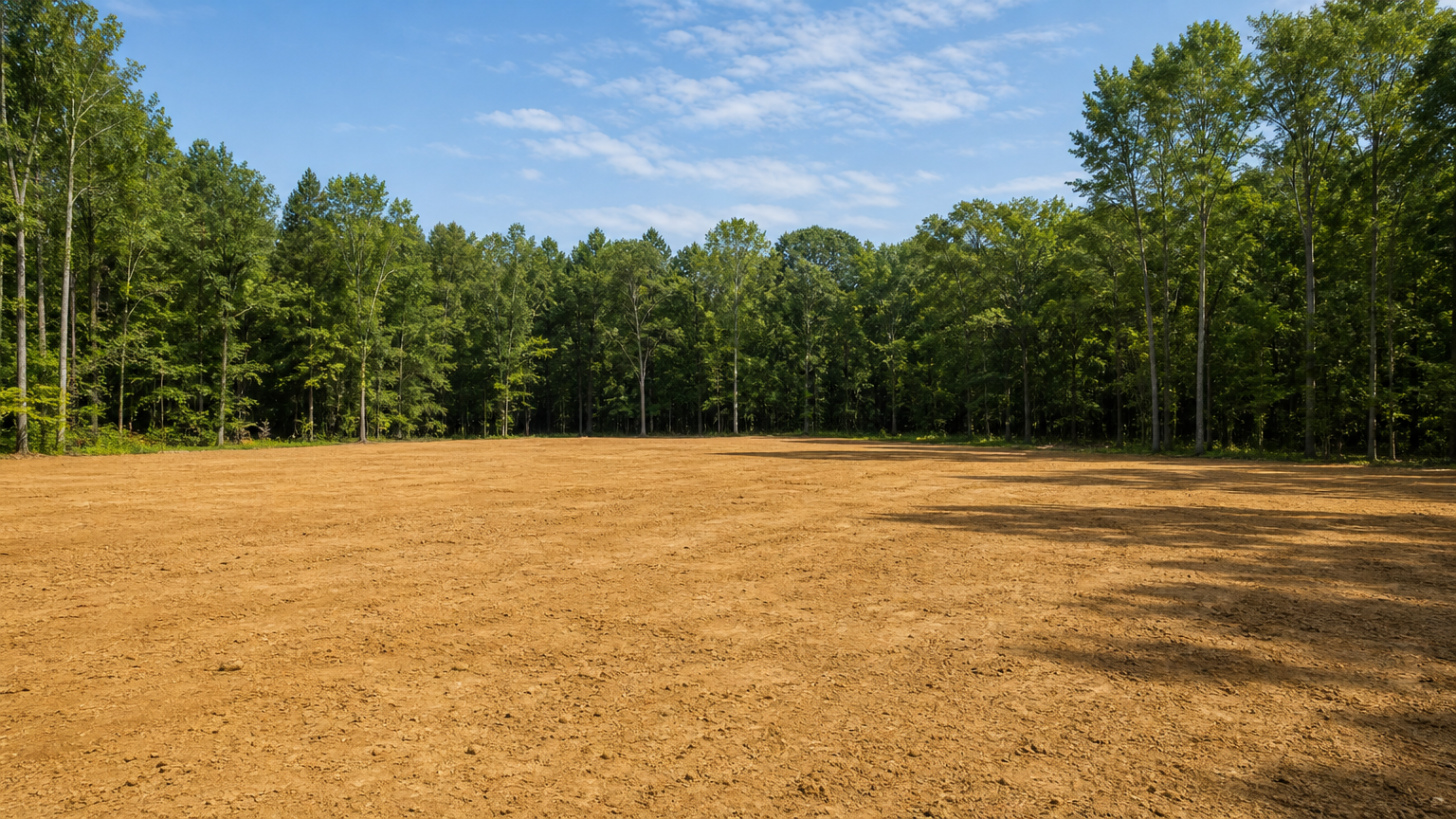 Wide open lot after professional tree removal and clearing with even ground and surrounding healthy trees